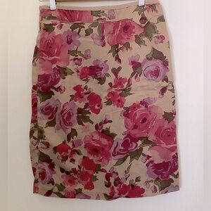 Anthropologie Odille Floral Skirt Brown Pink Size 0 Rose Side Zip Knee Straight